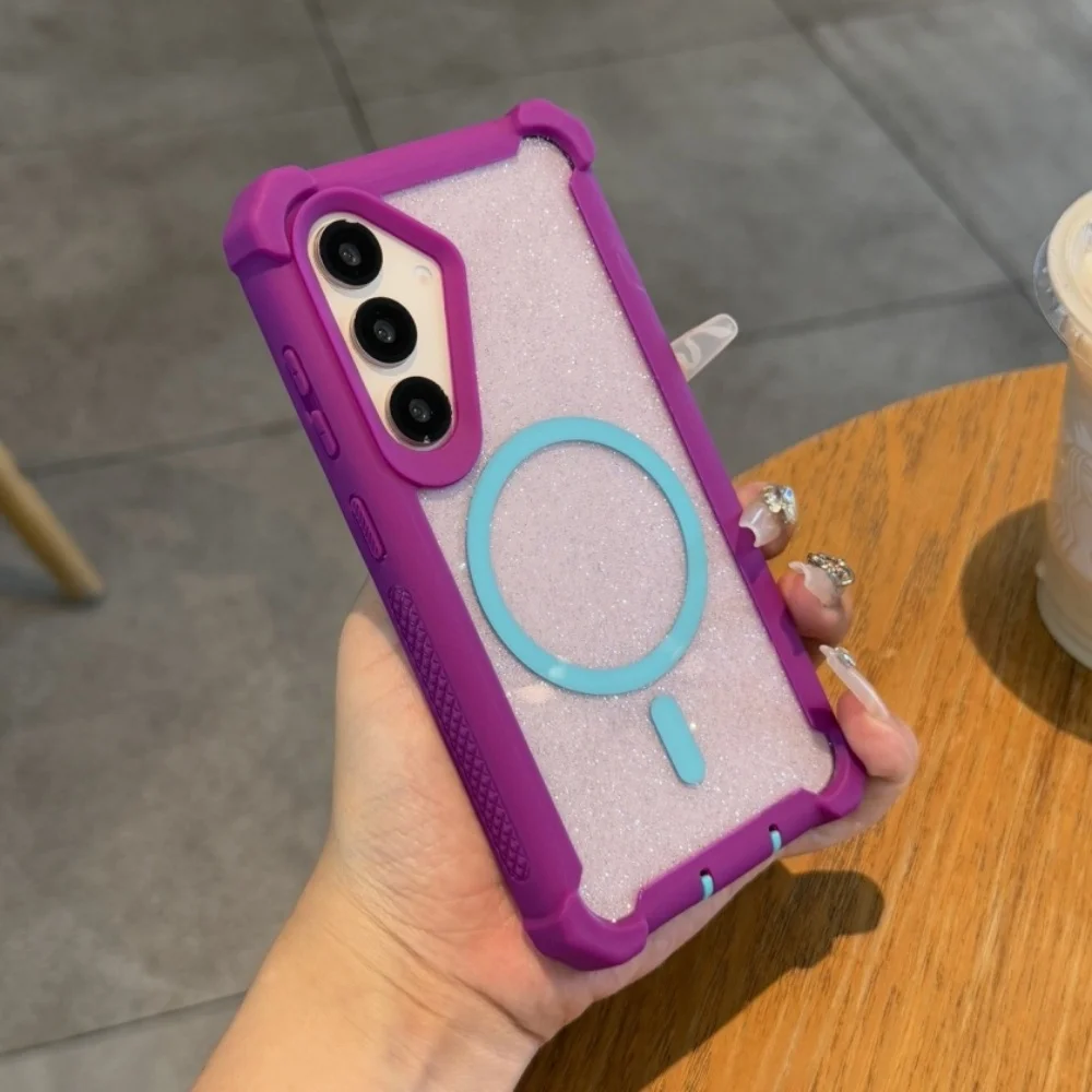 Funda magnética Magsafe con purpurina transparente para Samsung Galaxy S25 S24 Ultra S24 Plus, funda de carga inalámbrica con armadura gruesa