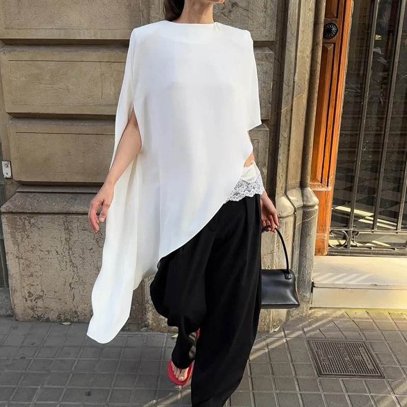 

Satin T-shirts Women Irregular Long Shirts 2026 Summer Short Sleeve Loose Shirts Elegant Female Cover Up Shirts Tanks Tee Top