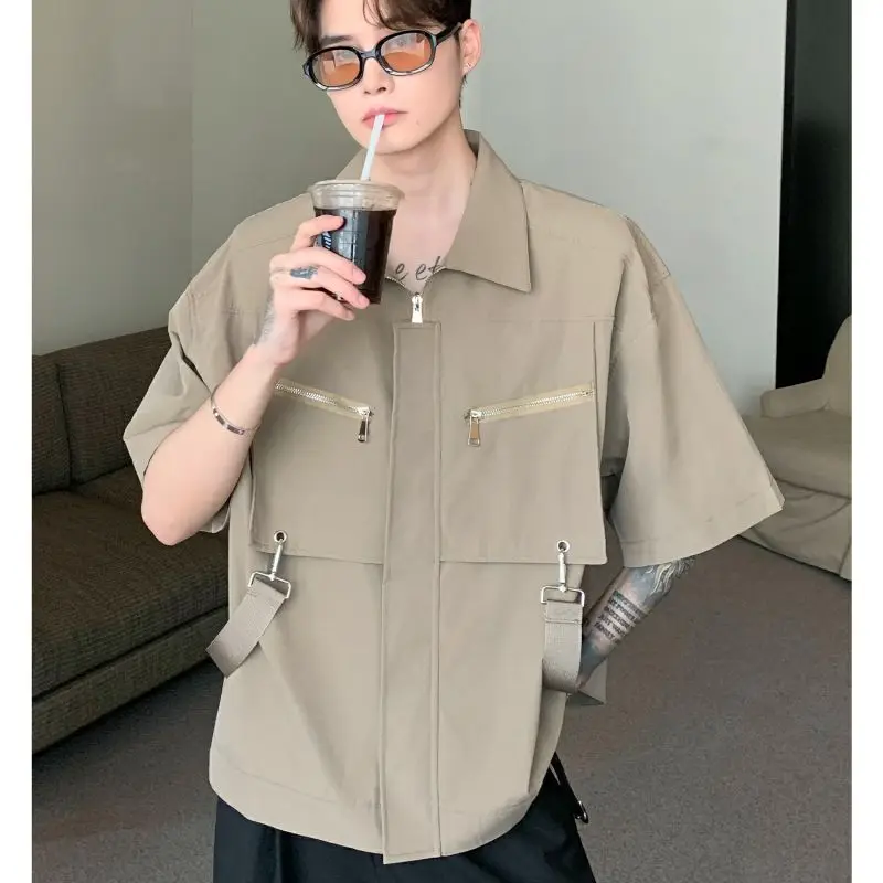 E-BAIHUI Chic Men Shirt Korean Version Summer Loose Shirts for Mens Safari Style Zipper Short Sleeve Men Clothing Asian Size