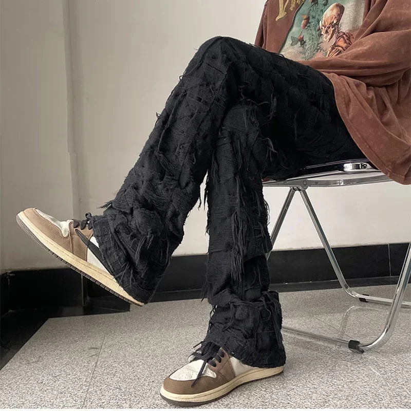 Streetwear Y2K Tassel Fringe Hole Baggy Jeans Men's White Black Straight Casual Denim Trousers Unisex Loose Oversized Cargos