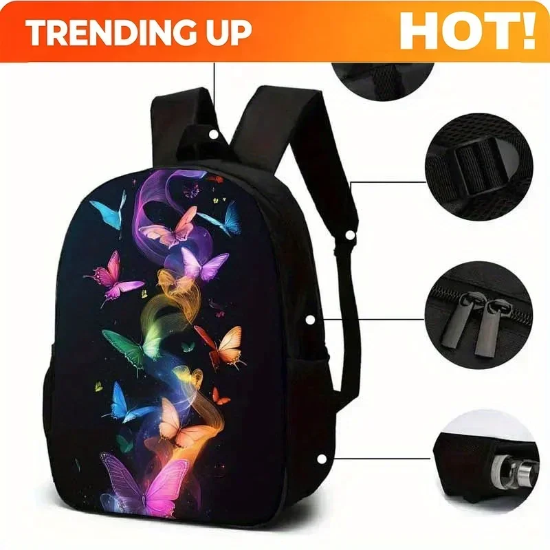 Custom 3pcs Butterfly Print Bag Set For Boys & Girls Lightweight, HighQuality Backpack With Adjustable Straps, Shoulder Bag