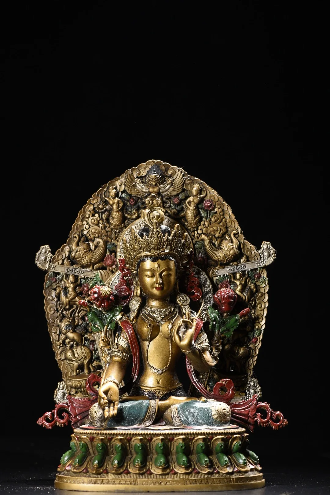 Folk Old Bronze Painted GARUDA Pattern backlight White Tara Buddha Lotus  Buddha Terrace Amitabha Worship Hall