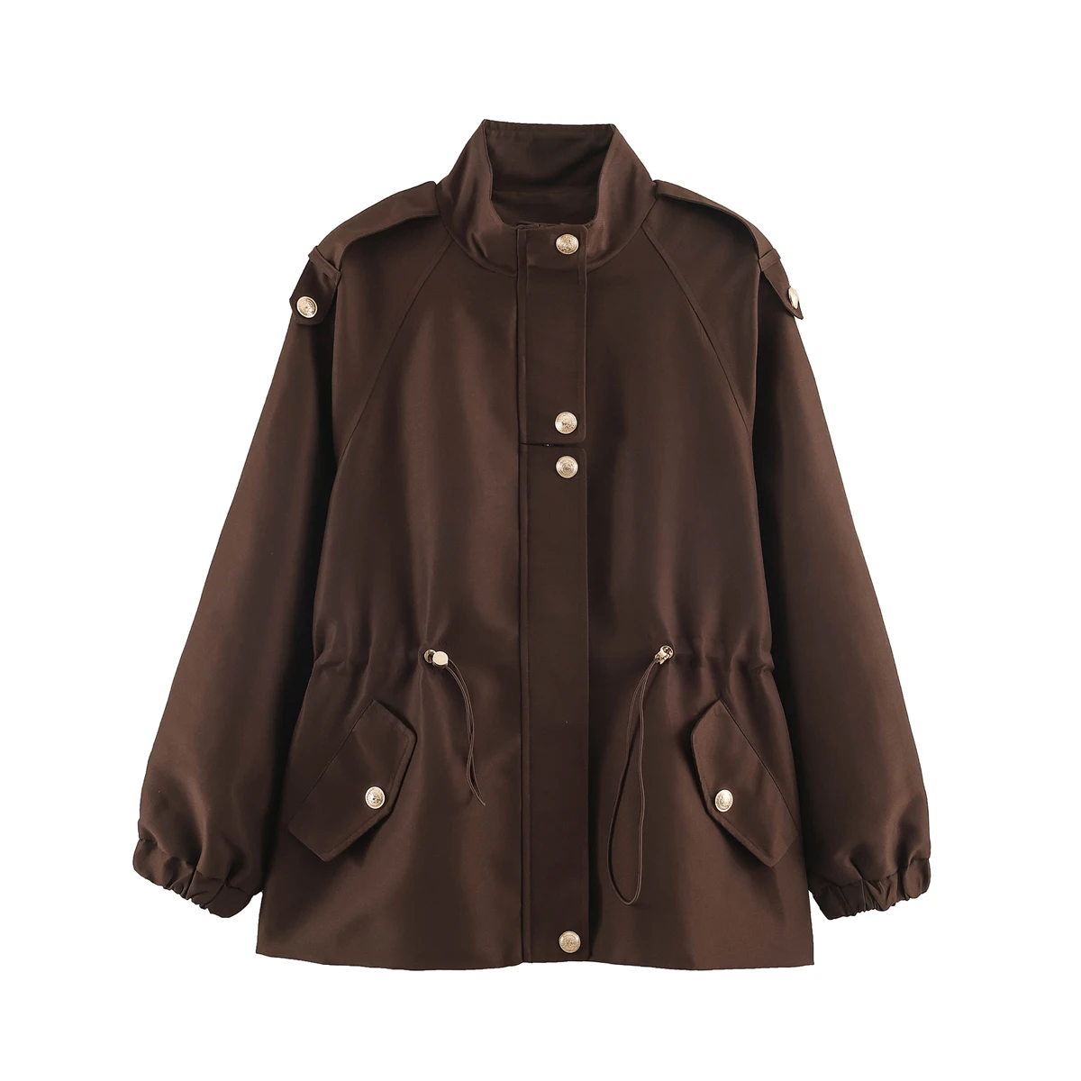 Women's Trench Coat 2026 Autumn New Fashion Stand Collar Long Sleeve Belted Drawstring Button Casual Minimalist Outerwear