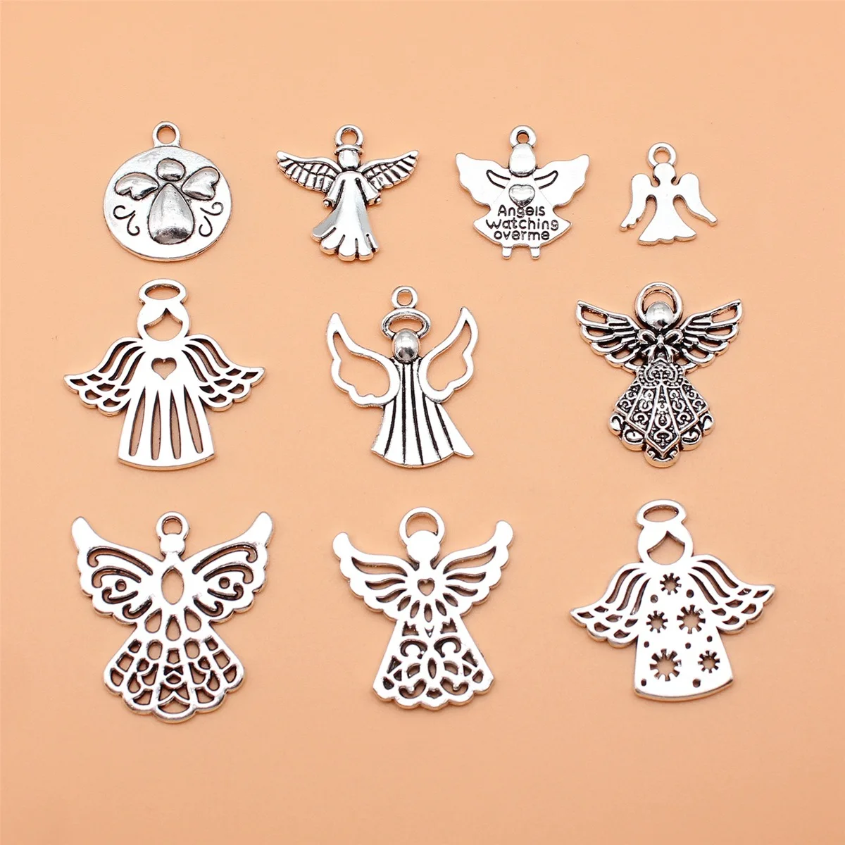 10pcs Antique Silver Color Angel Charms Pendant Collection For DIY Jewelry Making, 10 Styles, 1 of Each