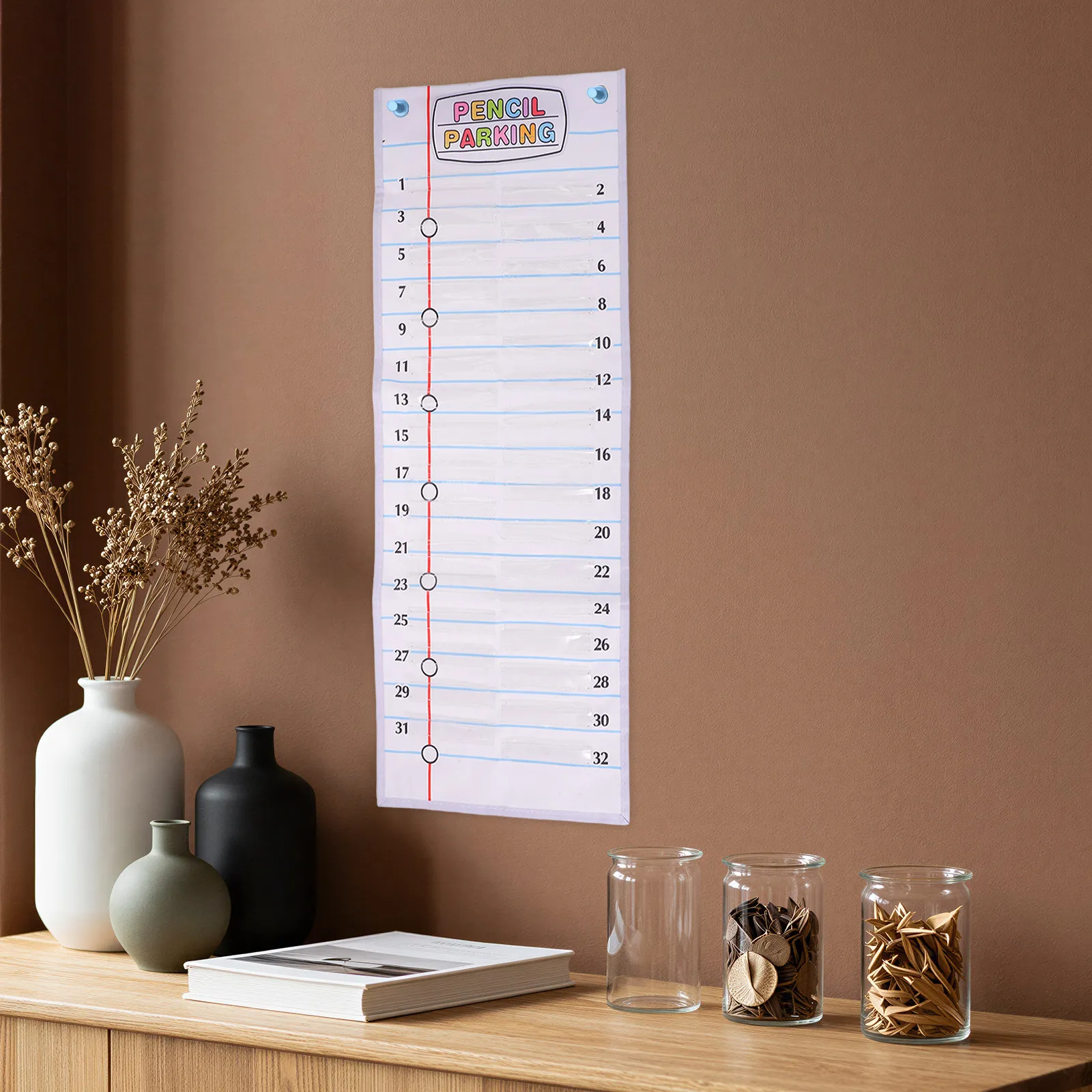 Pencil Pocket Chart 32 Numbered Clear PET Slots Classroom Hanging Pocket Board with Grommets Teaching Wall Pencil Organizer