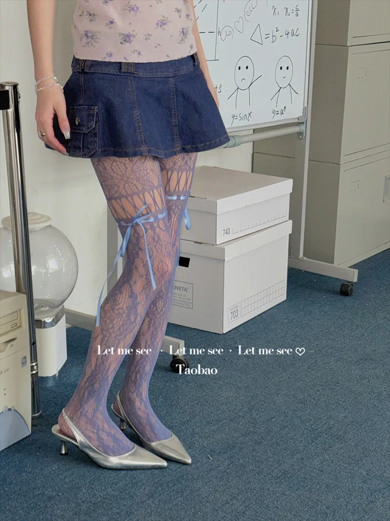 Japanese Lolita Style Sexy Tights Millennial Hot Girl Retro Ribbon Bow Lace Fishnet Stockings Popular Y2K Slimming Pantyhose