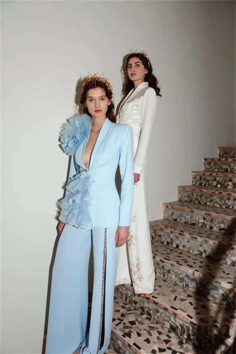 Luxe kristallen damesbroekpakken sets 2-delige blazer met ruches tule wijde pijpen ontwerper op maat gemaakte feestjurk