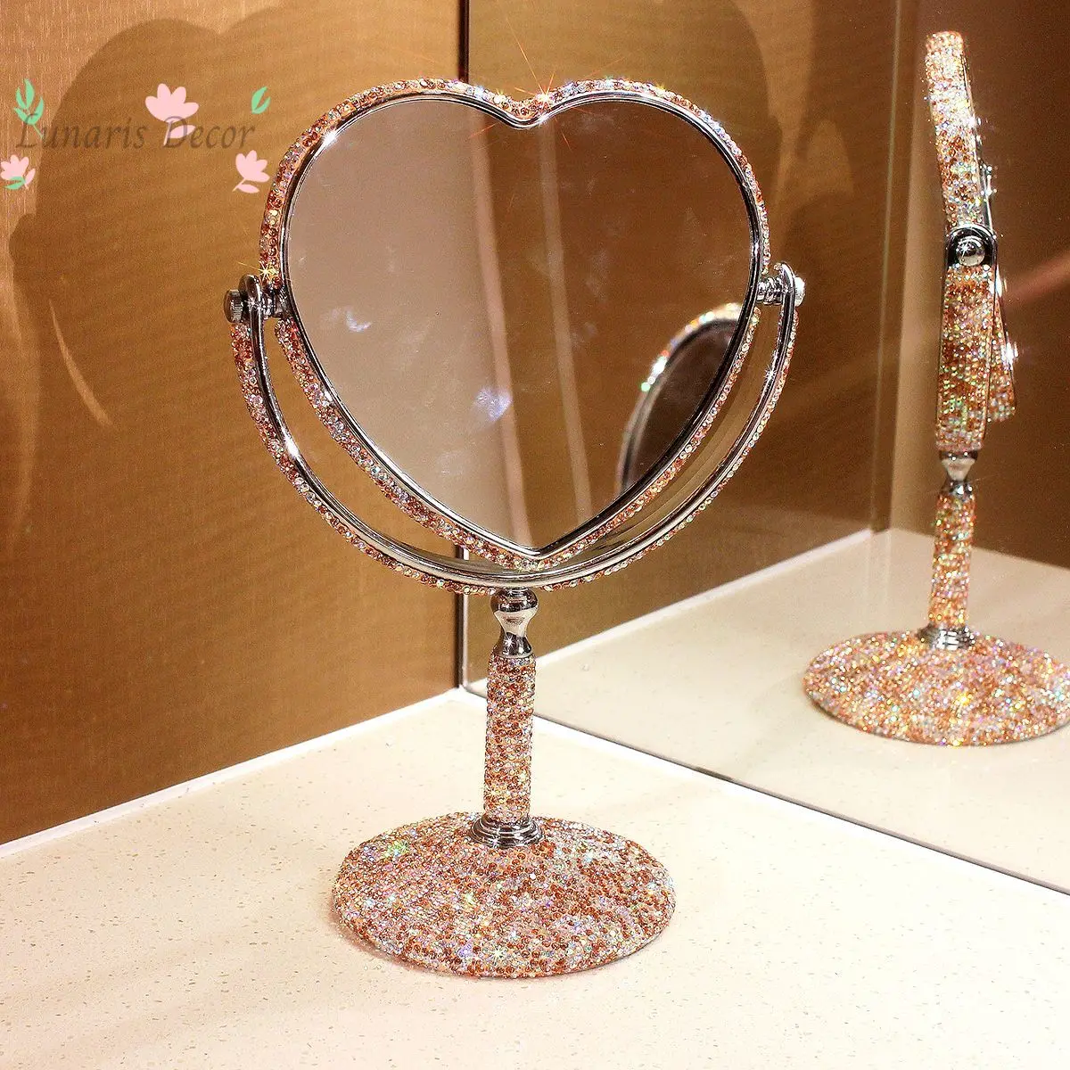 Diamond-encrusted heart-shaped vanity mirror Vertical household double-sided desktop mirror high definition enlarged vanity