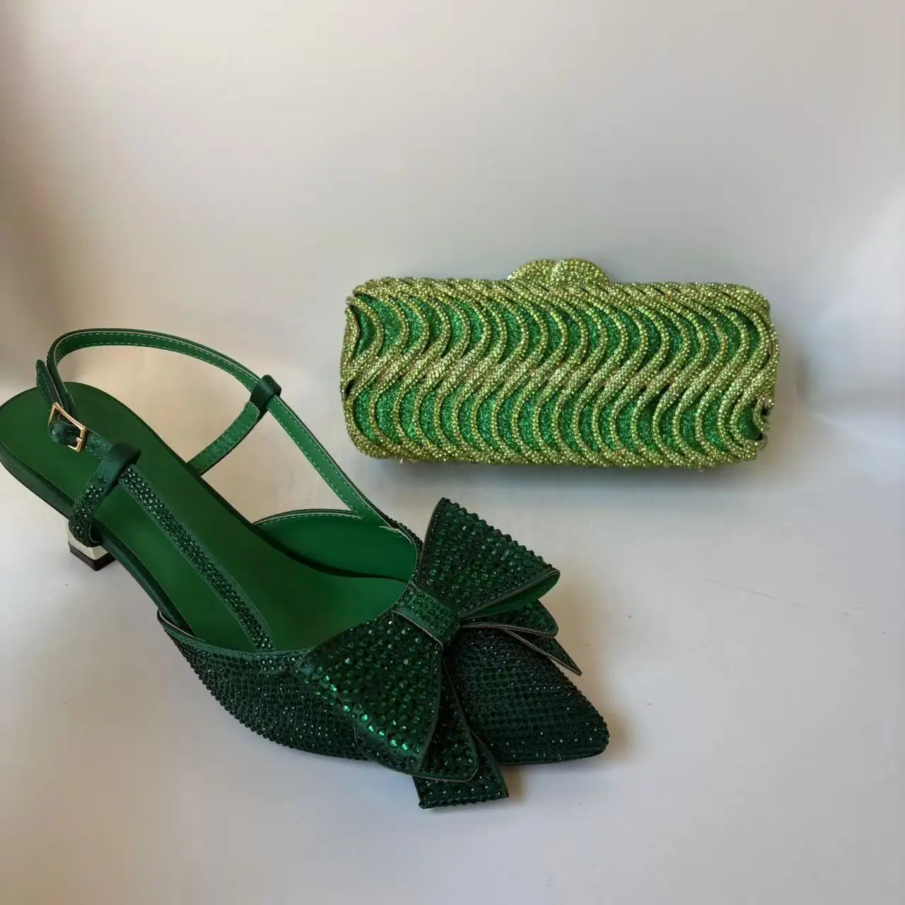 

LNATISNOVA Green Glitter Rhinestone High Heel Sandals with Matching Evening Bag Set for Women Party Wedding