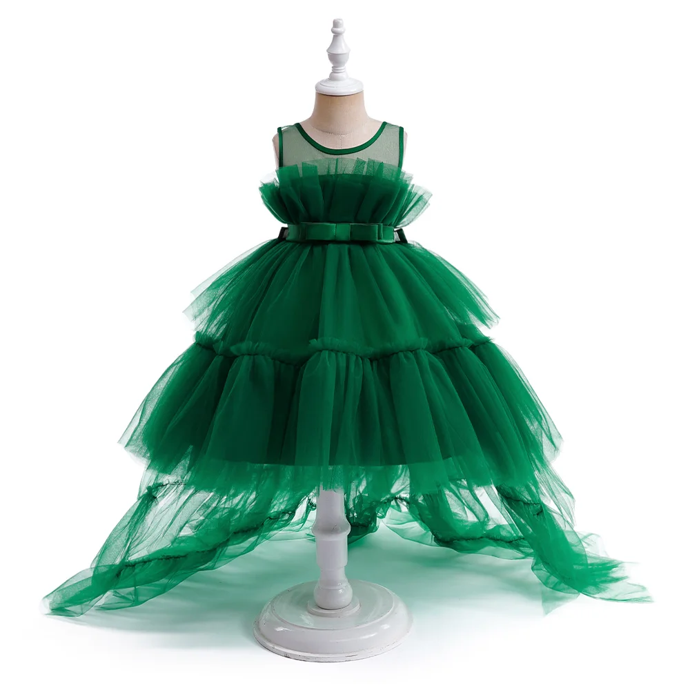 Kids Girl Trailing Green Christmas Party Dresses Puffy Tulle Flower Girls Dress Children Birthday Wedding Bridesmaid Prom Gown