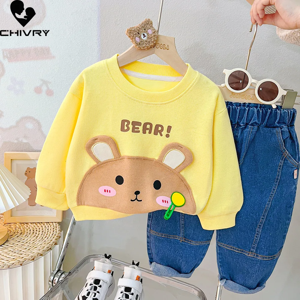 

New 2023 Kids Baby Autumn Cute Cartoon Animal Letter Pullover Sweatshirt Tops with Denim Pants Boys Girls Fashion Clothing Sets