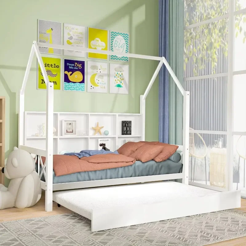 Full House Bed With Trundle Bed For Kids,Wooden Full Size Bed Frame With Roof Guardrails Wood Slats, Headboard For Boys Girls,