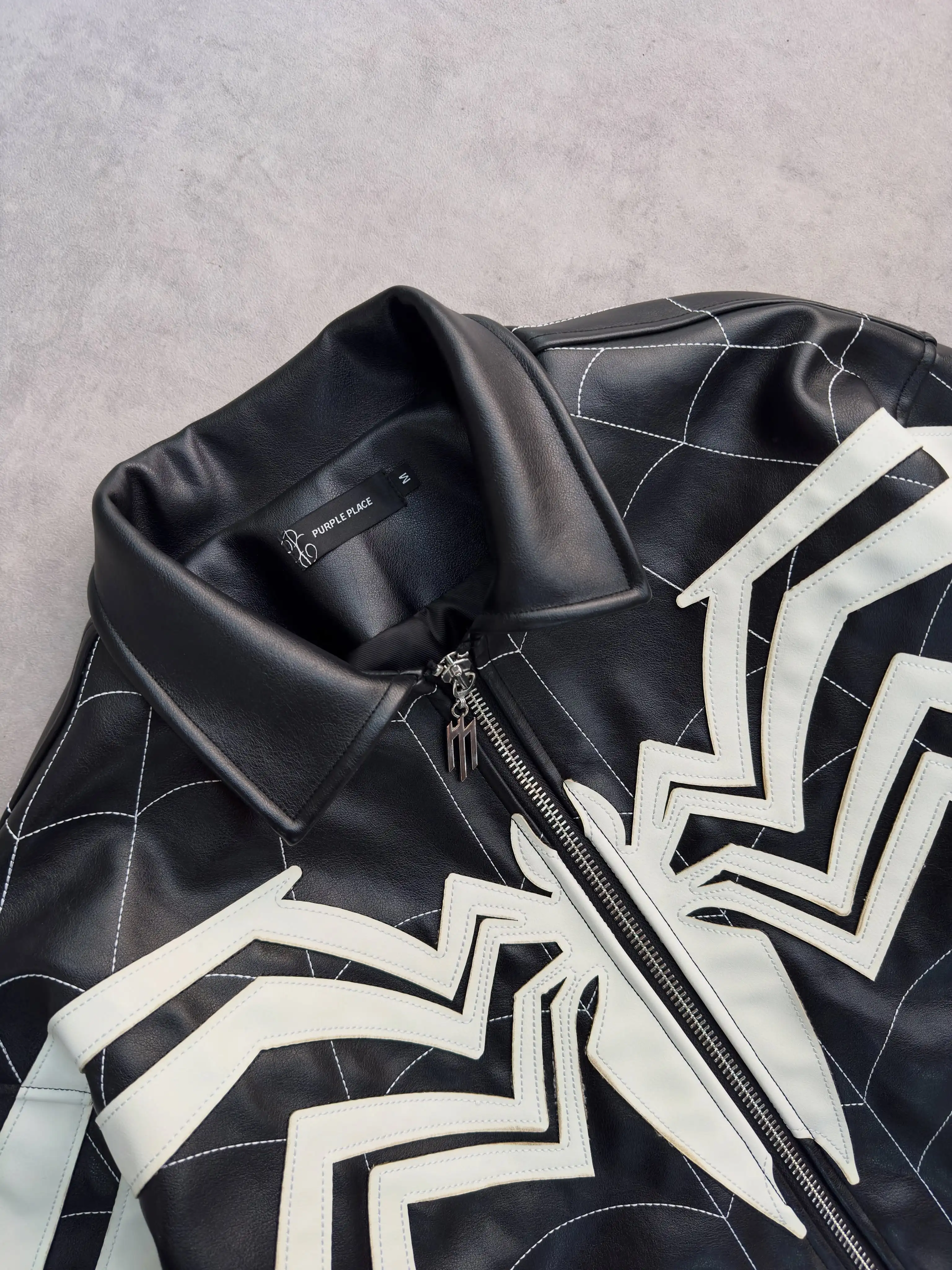 American Vintage Spider Patchwork PU Leather Jacket Loose Zipper Jacket Men All Embroidered Lapel Y2k Fashion Jacket Denim Coat