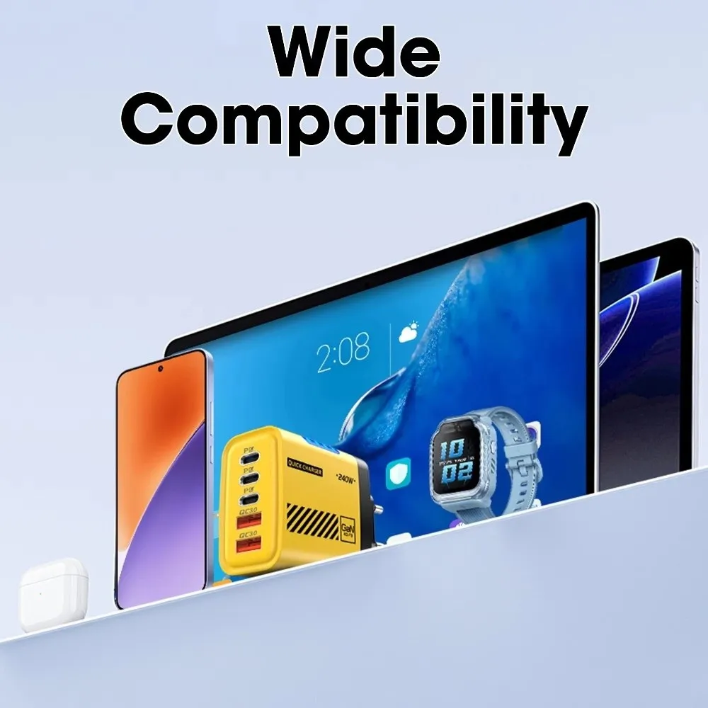 240W GaN Charger Adapter 5 in 1 5 Port Desktop Charger Adapter QC 3.0 Type-C Cable Fast Charger Adapter Phone Charging