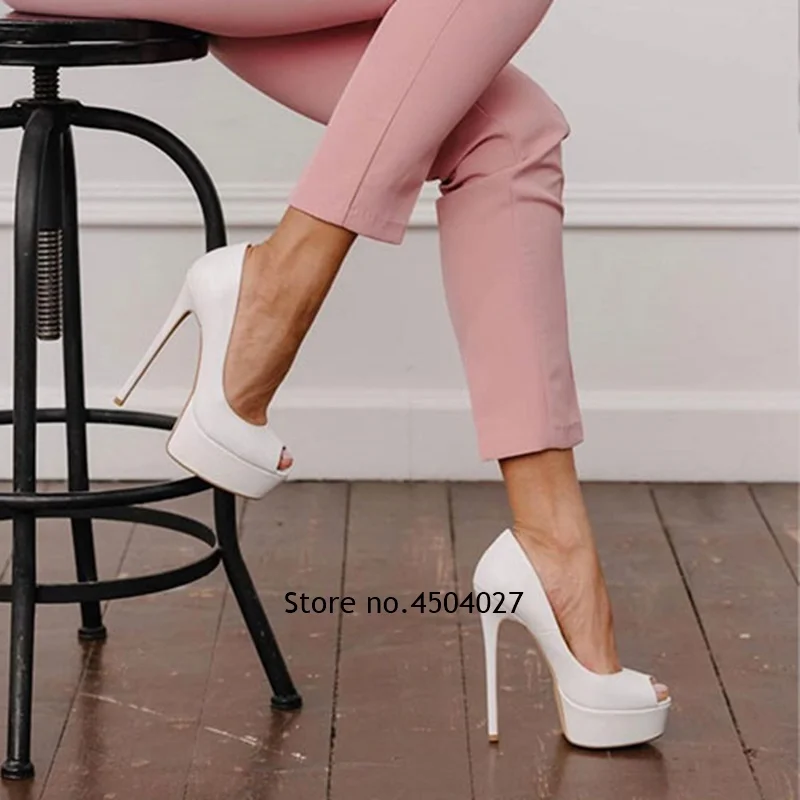 

Elegant Woman Heeled Shoes Wedding Bride Peep Toe Platform High Heel Pumps White Black Leather Stiletto Heels