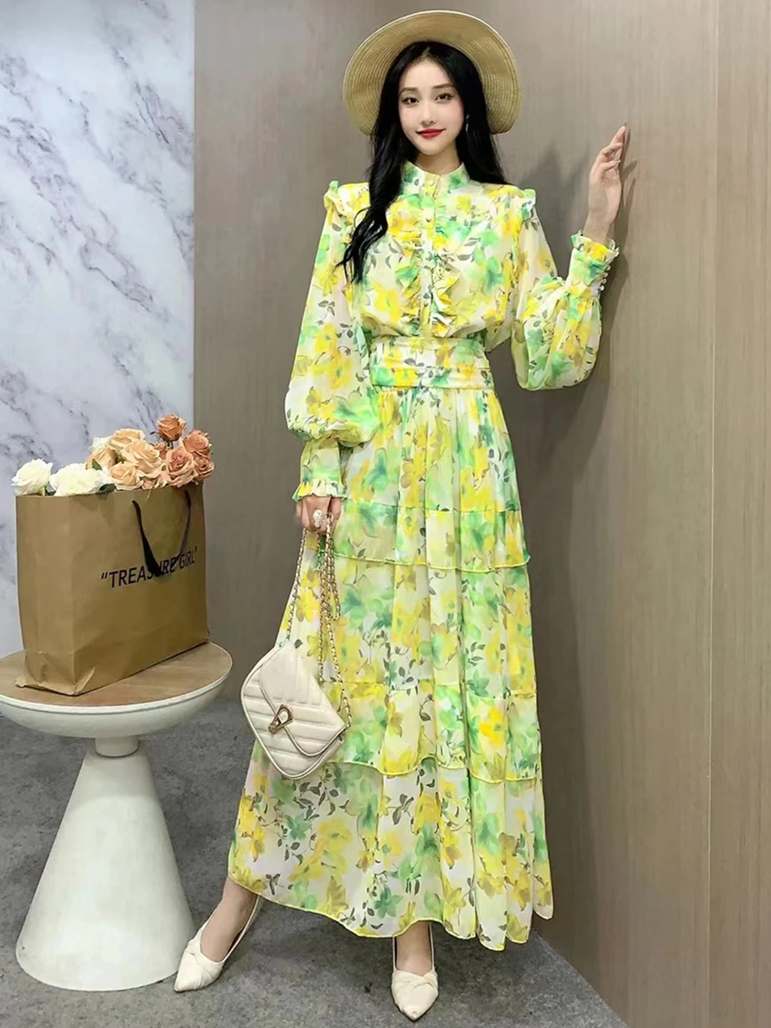 2023 New Spring Autumn Women Chiffon Floral Skirt Suits Sweet Ruffles Long Sleeve Loose Shirt And Cake Long Skirt Two Piece Set