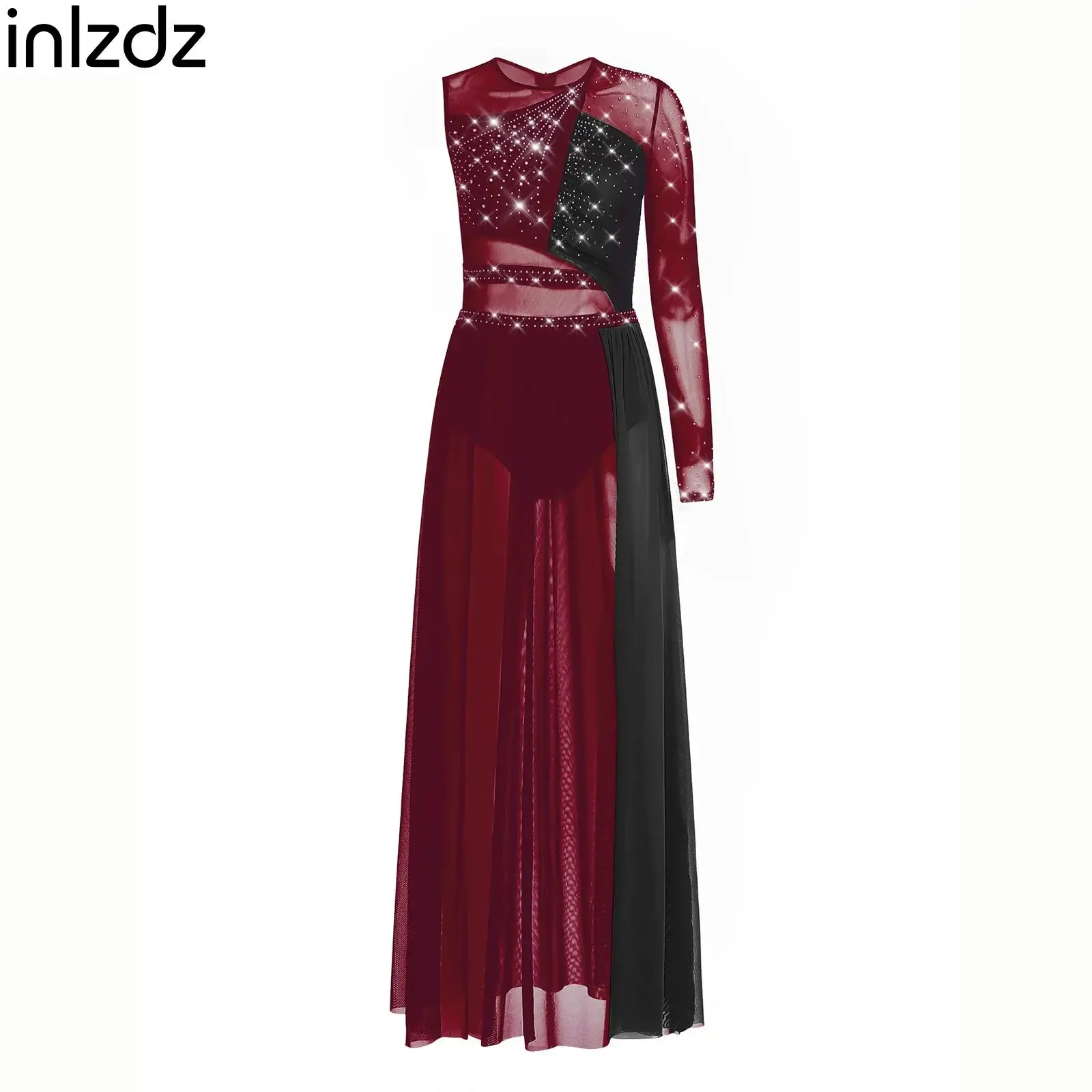 

Women Lyrical Dance Dresses Shiny Rhinestones Side Split Sheer Mesh Dance Dress for Ballet Modern Gymnastics Performance Party