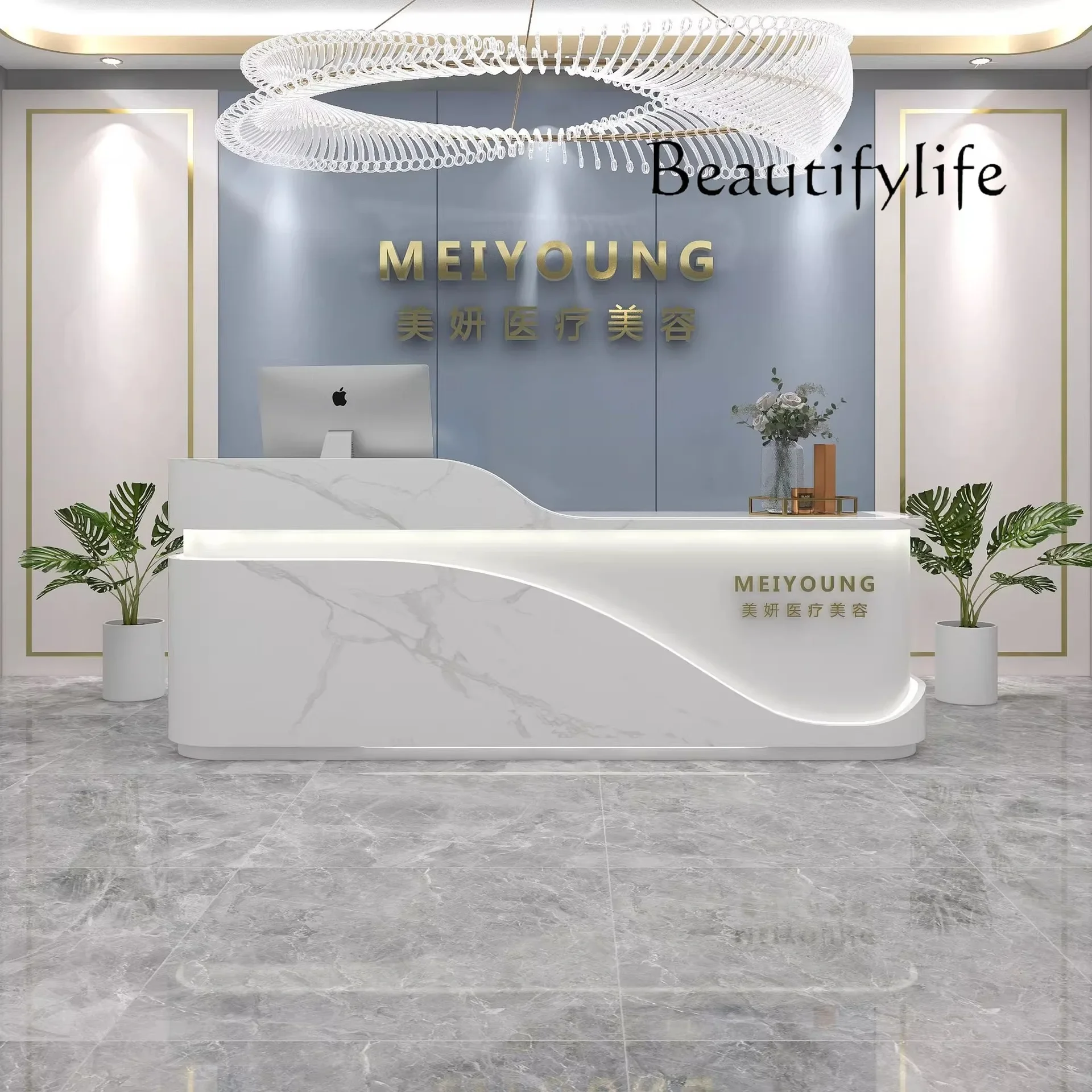 Beauty salon checkout page Clothing store Painting front desk Oral light luxury curved bar