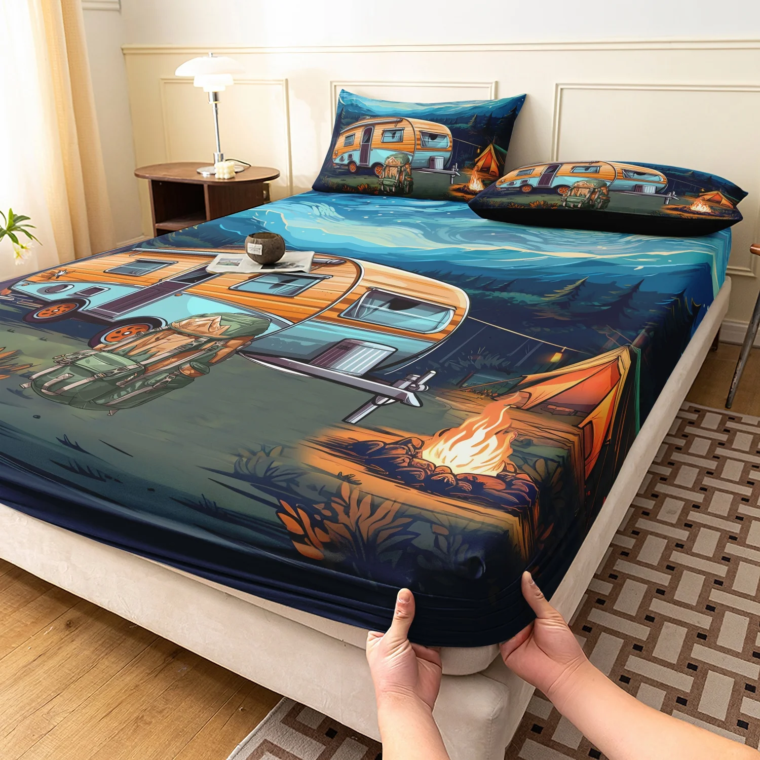 3Pcs RV Camper Camping Adventure Print Fitted Sheet Set, Night Mountain Forest Caravan Campfire Tent Print Bedding