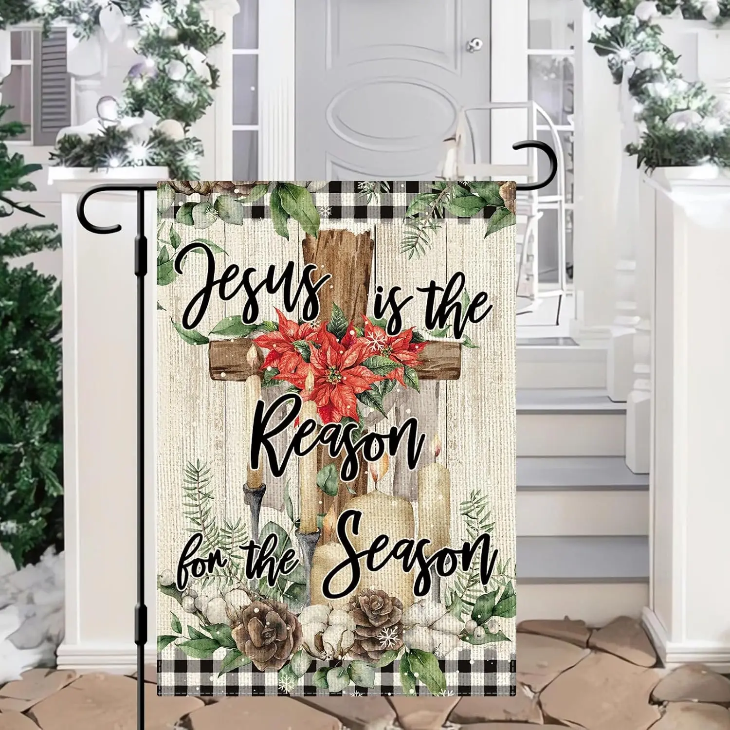 DLZDN Christmas Cross Garden Flag Jesus Is the Reason for the Season Garden Flag 12×18 Inch Double Sided Vertical Burlap Farmhou