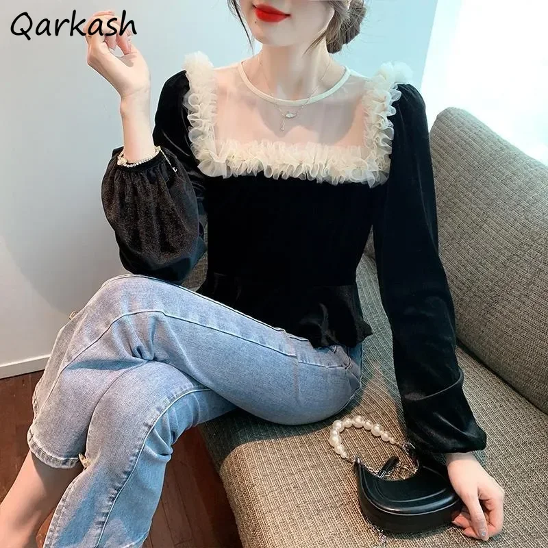 

Новые сетчатые лоскутные блузки Pleuche женский дизайн элегантная короткая верхняя одежда с оборками Mujer универсальные милые рубашки для взрослых черные женские