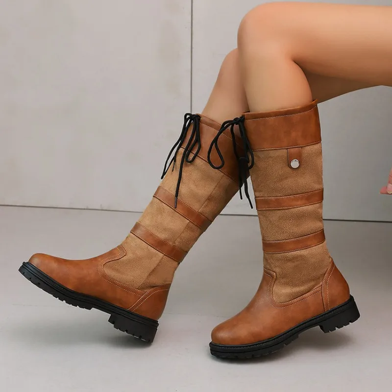 2026 New Retro Midsole Boots with Fashionable Patchwork Design, Thick Sole and Raised Flat Bottom Boots