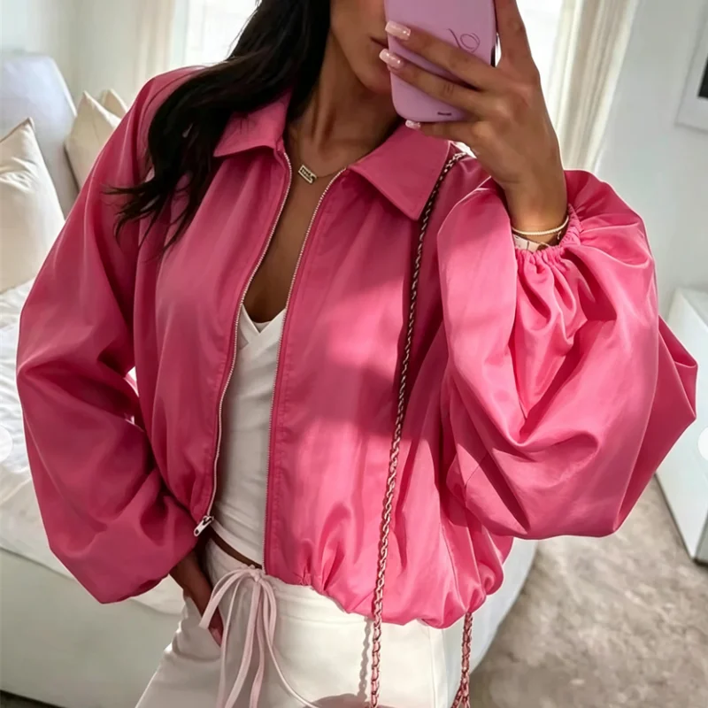 Damen-Cropped-Jacke mit Revers, Laternenärmeln, gerafftem Rücken, lockerer Passform, kurze Oberbekleidung, lässige Streetwear, für den Alltag, Büro, modische Oberteile – Detail 2