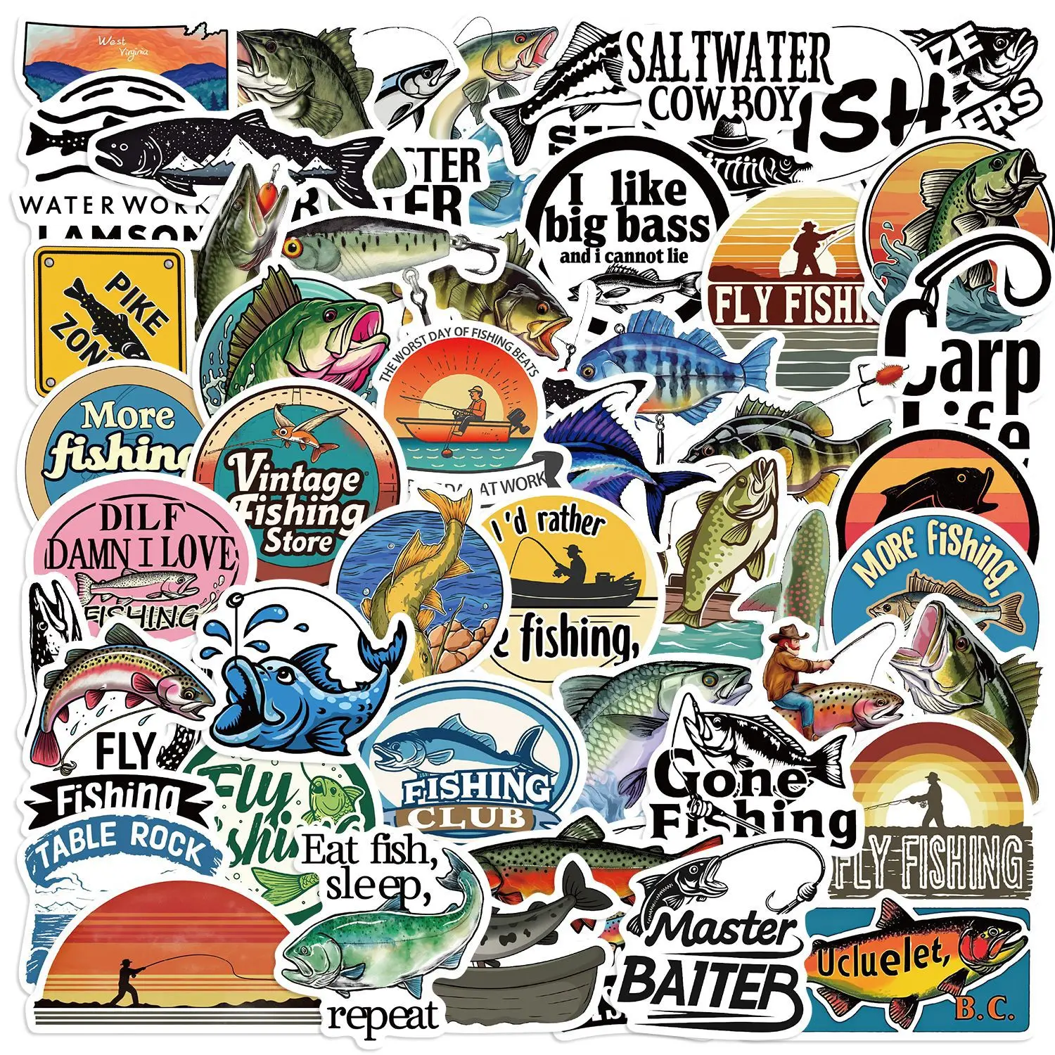 

50pcs Fishing Series Cartoon Graffiti Waterproof DIY Graffiti Sticker Personality Creative Trend Decal Skateboard Guitar Helmet