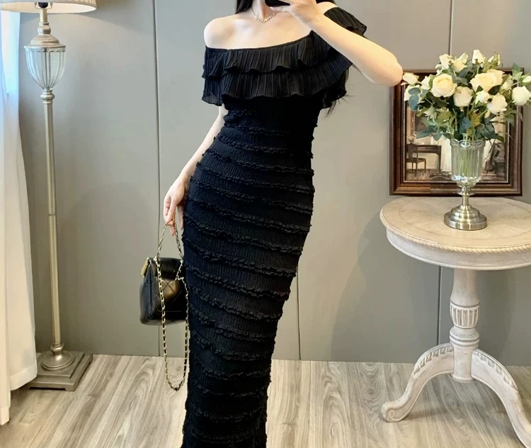 Lace 2026 New Summer Temperament Waist and Thin One-word Collar Dress