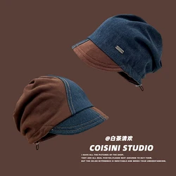 2024 New Japanese Denim Splicing Small Brim Drawstring Stacking Hat Women's Spring and Autumn Retro Short Brim Cover Beanie Cap