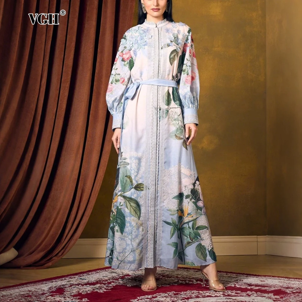 فستان VGH أنيق بطباعة حافة من الدانتيل للنساء بياقة واقفة وأكمام طويلة وخصر عالي ومرقعة وأربطة فساتين طويلة للسيدات #1