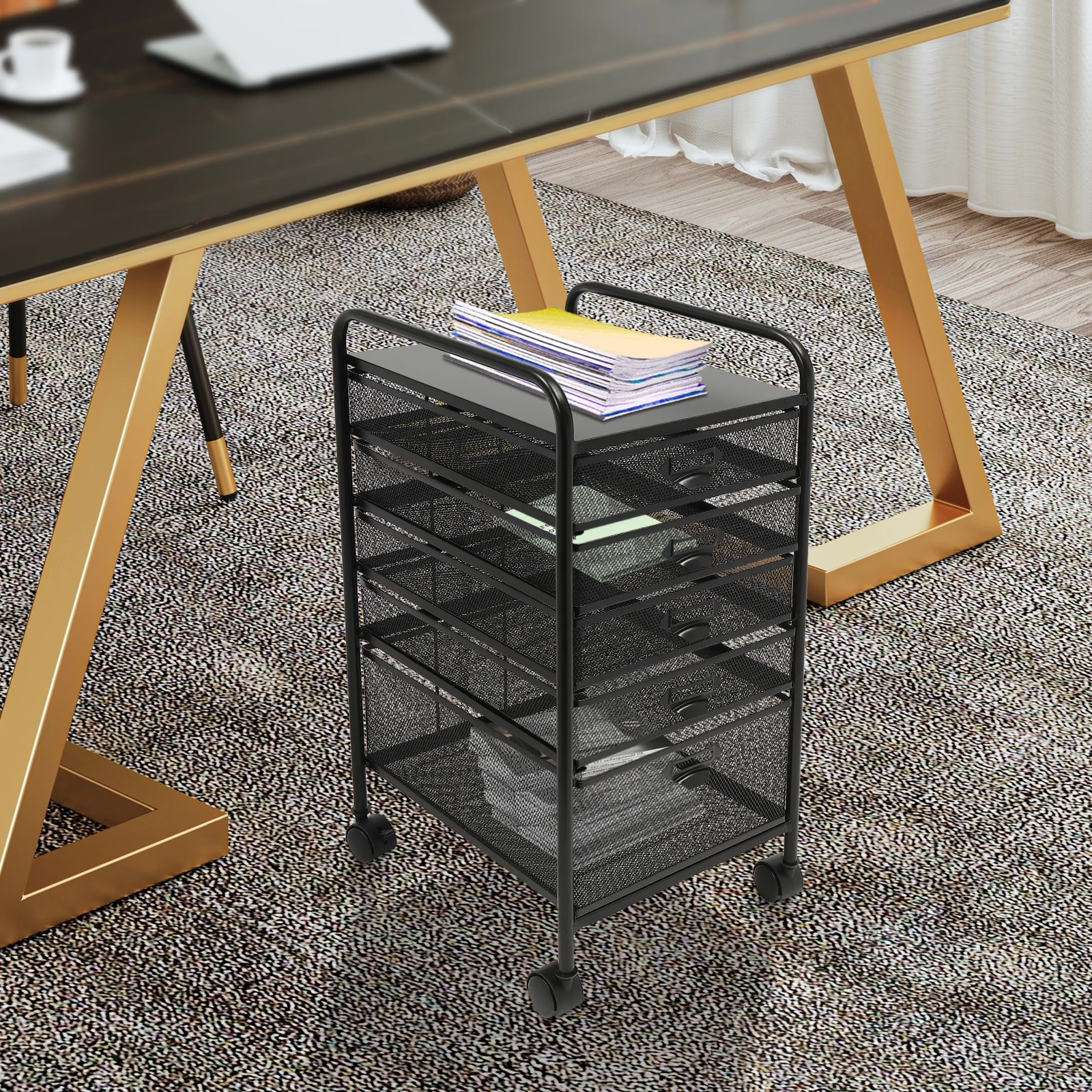 5-Layer Metal Grid Drawer File Storage Rack - Black for office school to store office supplies, folders, personal items