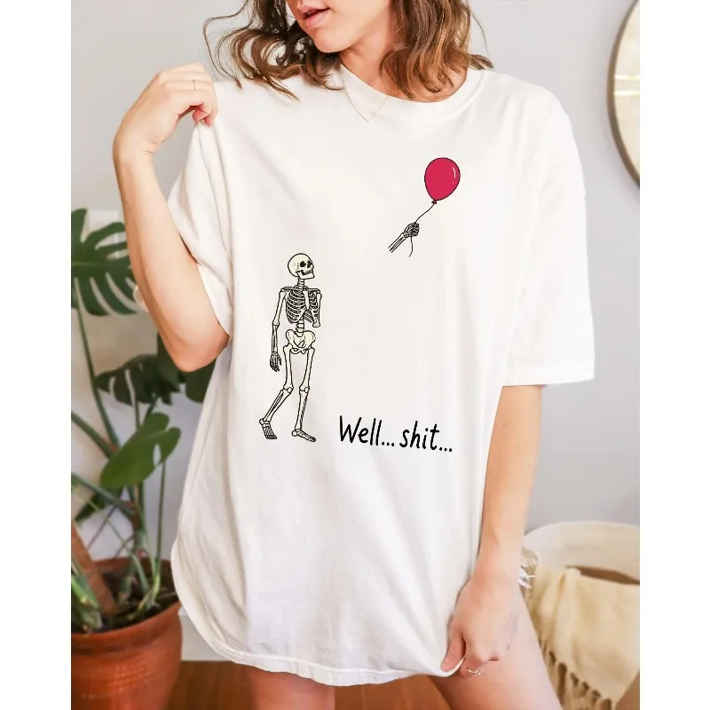 Funny Balloon Skeleto Shirt, Halloween Skeleton Tee, Gothic Graphic Shirt, Dark Humor Clothing, Fall Gift