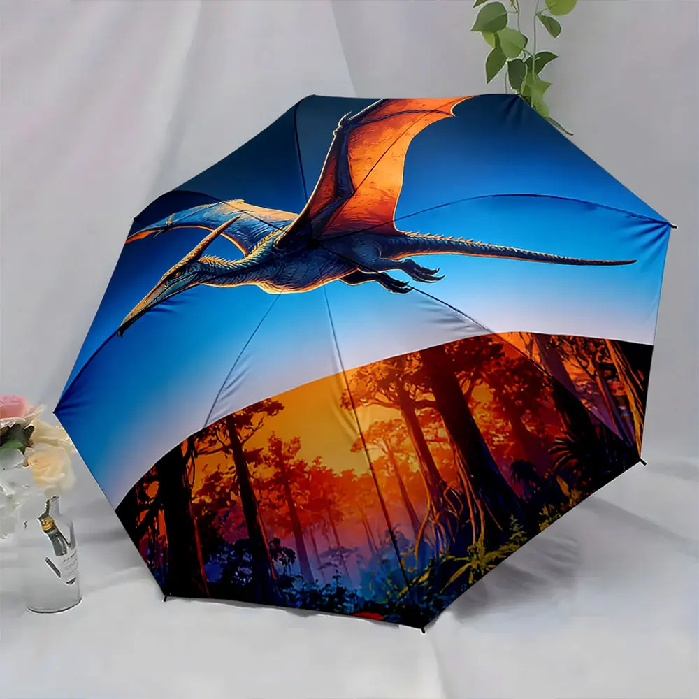1PC Pterosaur Adventure: A Flight Through Prehistoric Skies Print 8 Iron Ribs Folding Umbrella Auto-Open Fashion Sunshade