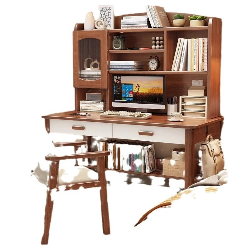 Solid wood desk writing chair table combination bedroom multi-functional office computer desk bookshelf integration