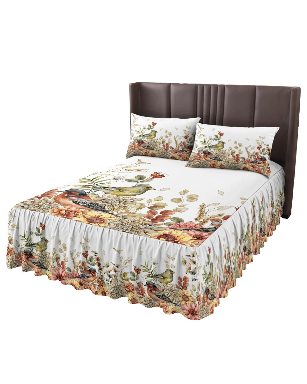 Eucalyptus Leaves Dahlia Rose Robin Bed Skirt Elastic Fitted Bedspread With Pillowcases Mattress Cover Bedding Set Bed Sheet