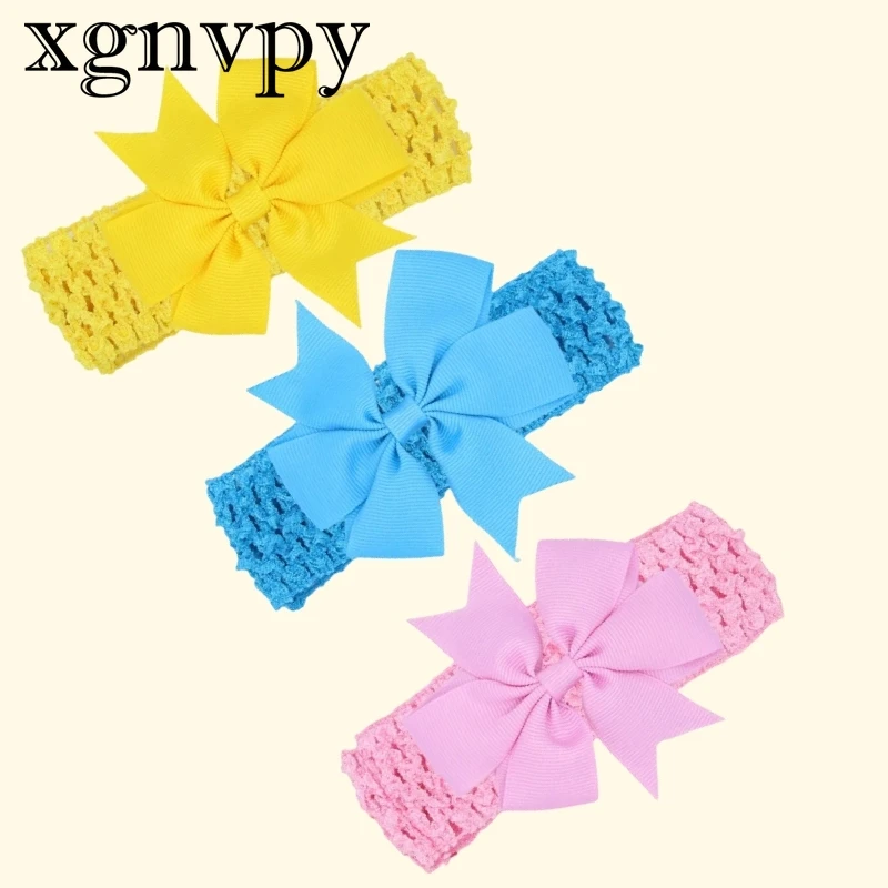 xgnvpy 3PCS Handmade Dovetail Grosgrain Ribbon Bows Infant Headband Solid Color Crochet Elastic Hair Ties Baby Girl Accessory