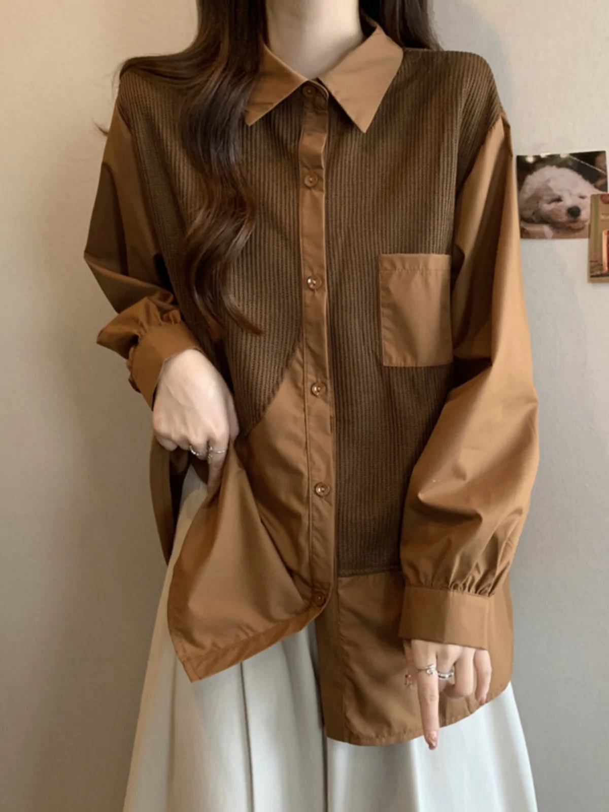 

Café Brown Design Sensation Spring Autumn Women's plus Size Shirt Slimming Base Layer Collar Long Sleeve Loose Fit