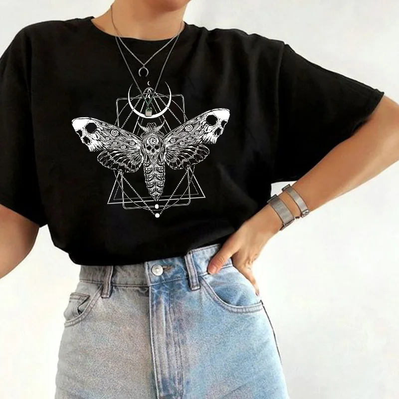 Rose Moth Moon Chic vintage Mujer Camisetas White Top Gothic T Shirts Aesthetics Graphic Short Sleeve t-shirt Polyester T-shirt