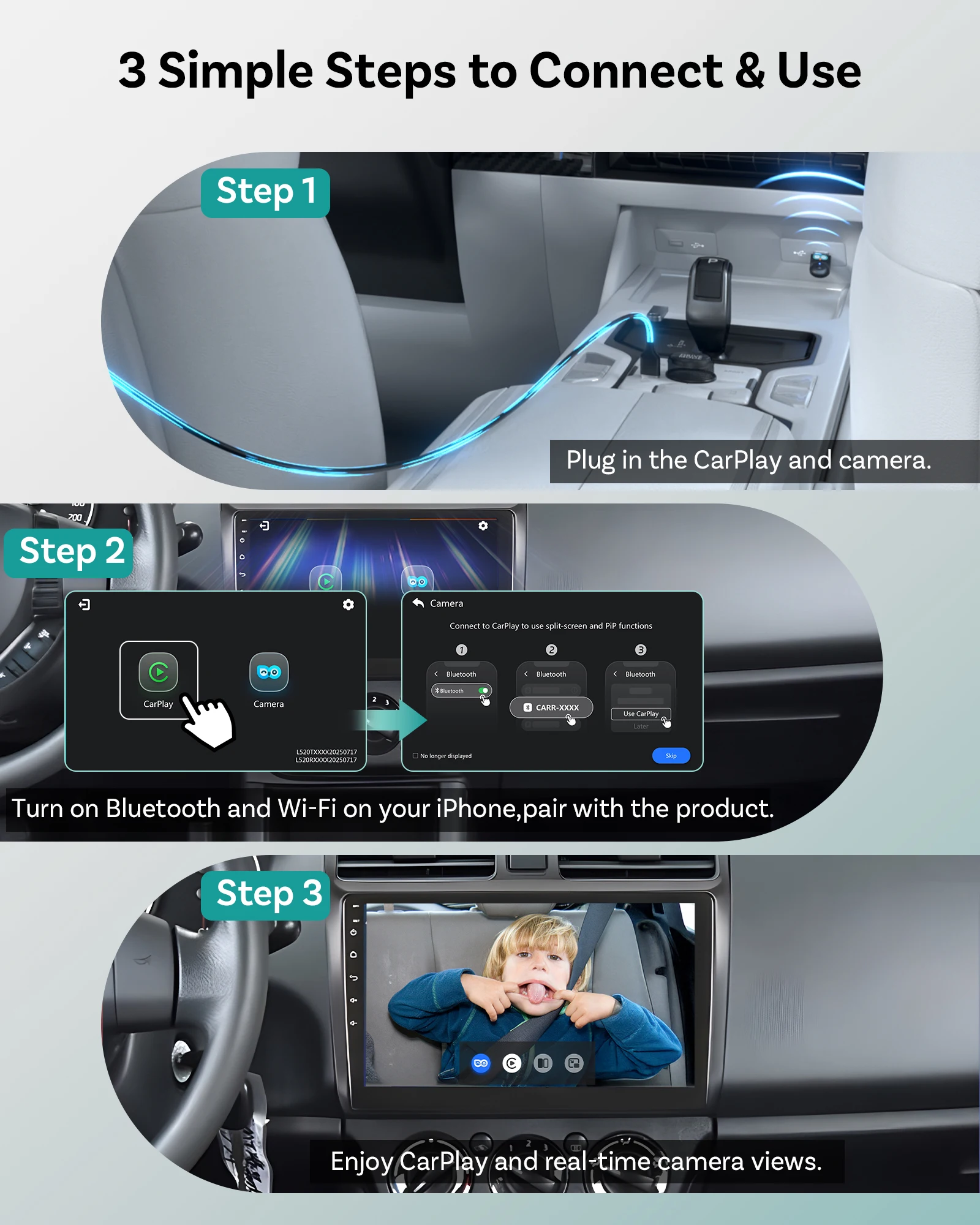 OTTOCAST Cabin Care Wired to Wireless Carplay Adapter Baby Car Camera HD 1080P 150° Wide Angle Night Vision Back‑Seat Monitor view 6