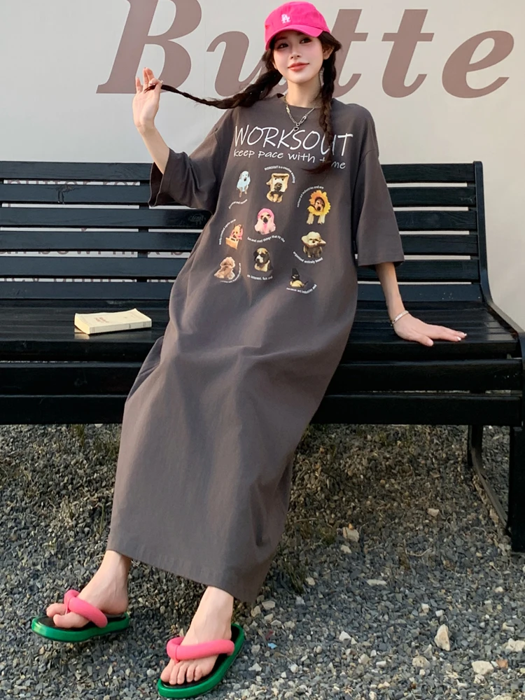NYFS ฤดูร้อน 2025 ชุดสตรีหลวมพลัสขนาดการ์ตูนลูกสุนัขพิมพ์เสื้อยืดแขนสั้นชุดยาว Robe Elbise