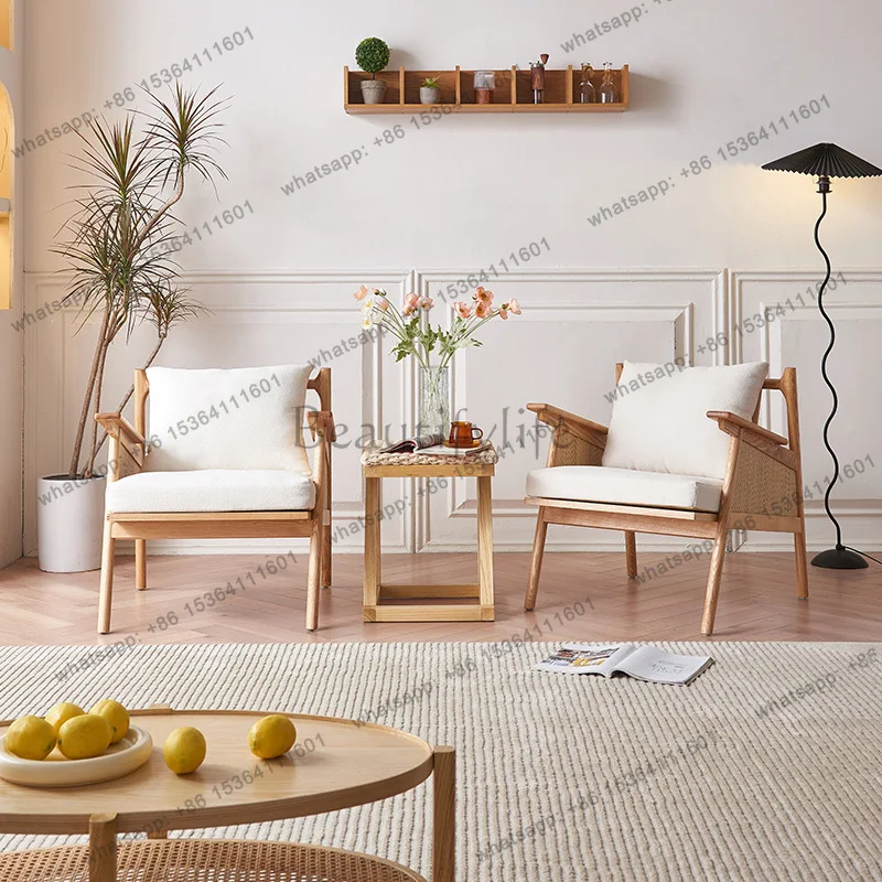 Nordic solid wood sofa chair rattan simple modern homestay balcony rattan chair three-piece set