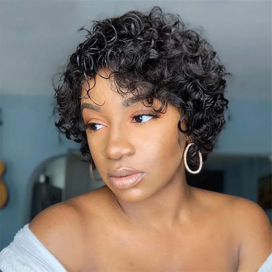 

Curly Short Pixie Cut Wigs Human Hair 180% Density Water Wave Remy Malaysian Hair Wig Glueless Machine Made Wigs for Black Women