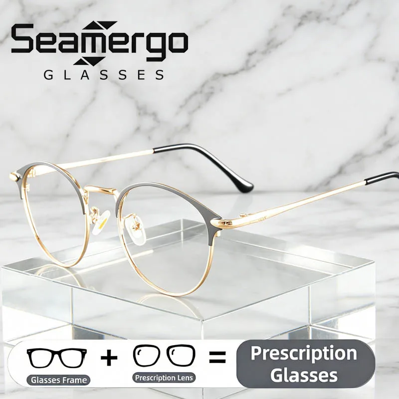 

SEAMGERGO Trendy Women's Reading Glasses Custom Men Anti Blue Ray Customized Glasses Round Frame HD Prescription Eyeglasses