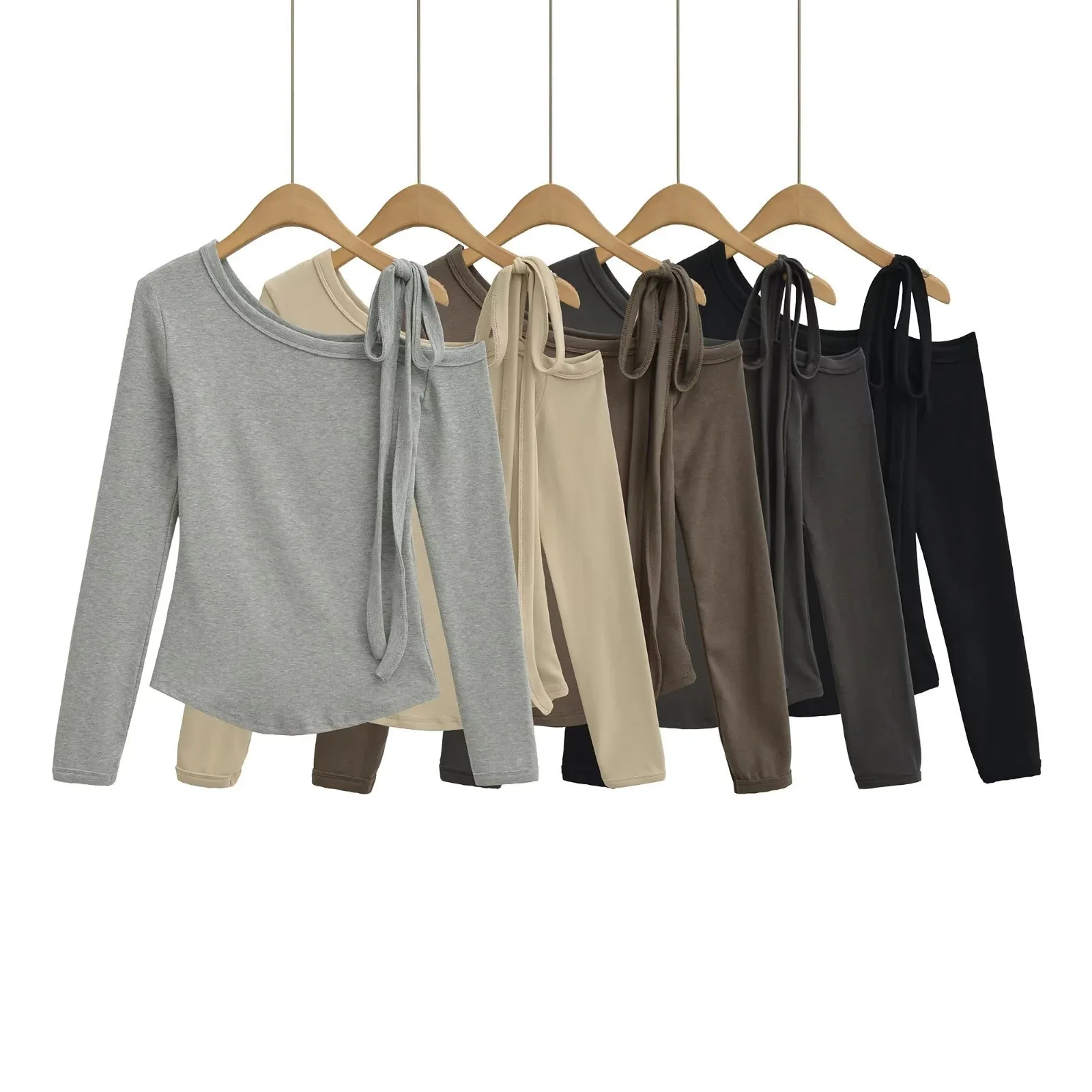 Sexy and alluring off-shoulder tie-up long-sleeve top for women subtly revealing shoulders waist-cinching slimming short 4B
