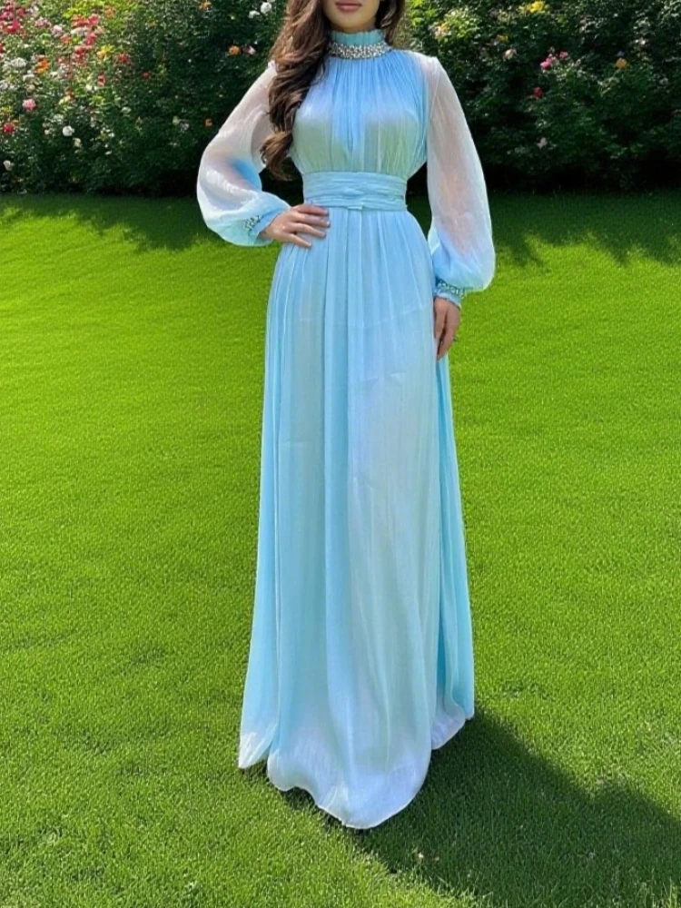 Maßgeschneiderte arabische Abendkleider, volle Ärmel, Stehkragen, Falten, Kristall, formelles Kleid, bodenlanges Abschlussball-Partykleid