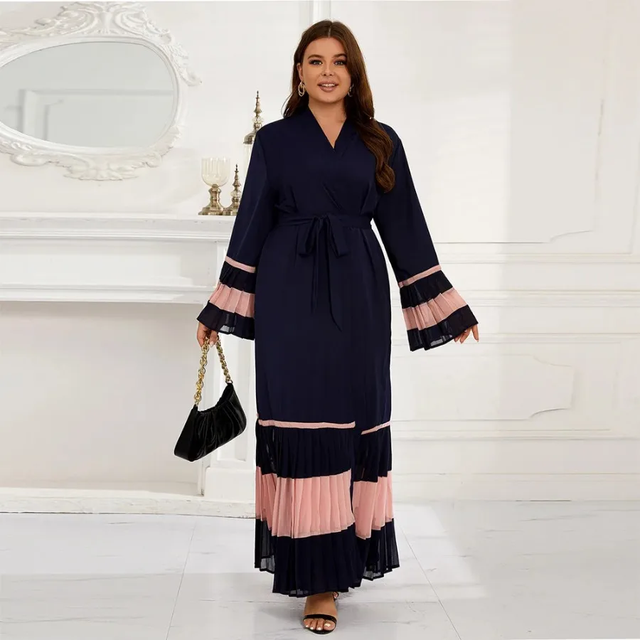 Abaya Dress 2024 Elegant Spring Summer Muslim Women Logn Sleeve V-neck Polyester Long Maxi Dress Kaftan Muslim Fashion Abaya