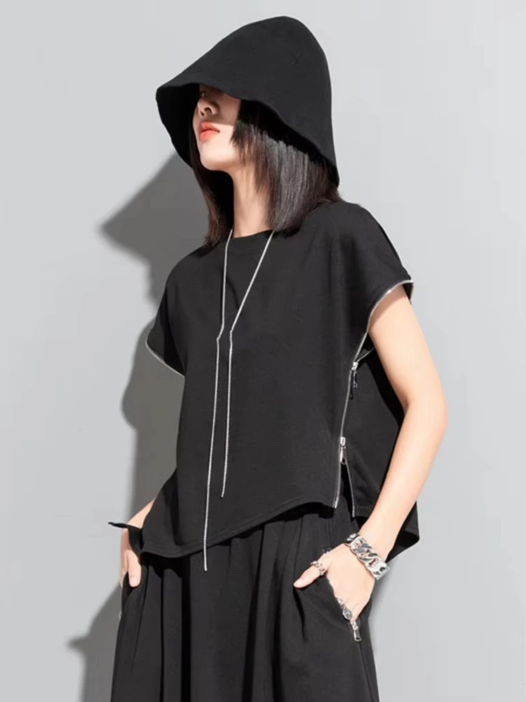 

Women Black Zipper Irregular Big Size Casual T-shirt New Round Neck Sleeveless Fashion Tide Spring Summer 2024 1DF7632