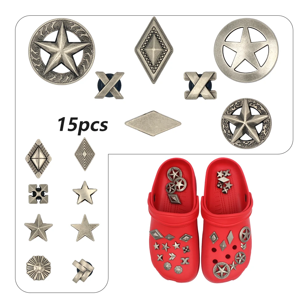 Shoe 크로크 Accessories Charm Punk Style Detachable Rhombus Rotundity Square Metal Shoe Decorations Hole Sandals Gift 1 Set 15 Pcs