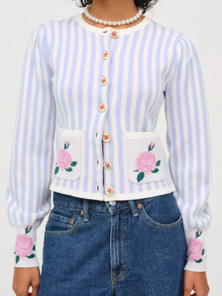 

Stripped Knitted Cropped Sweaters Cardigan Blue Women Autunm Winter Long Sleeve Pocket Button Casual Ladies Sweater Jumpers New